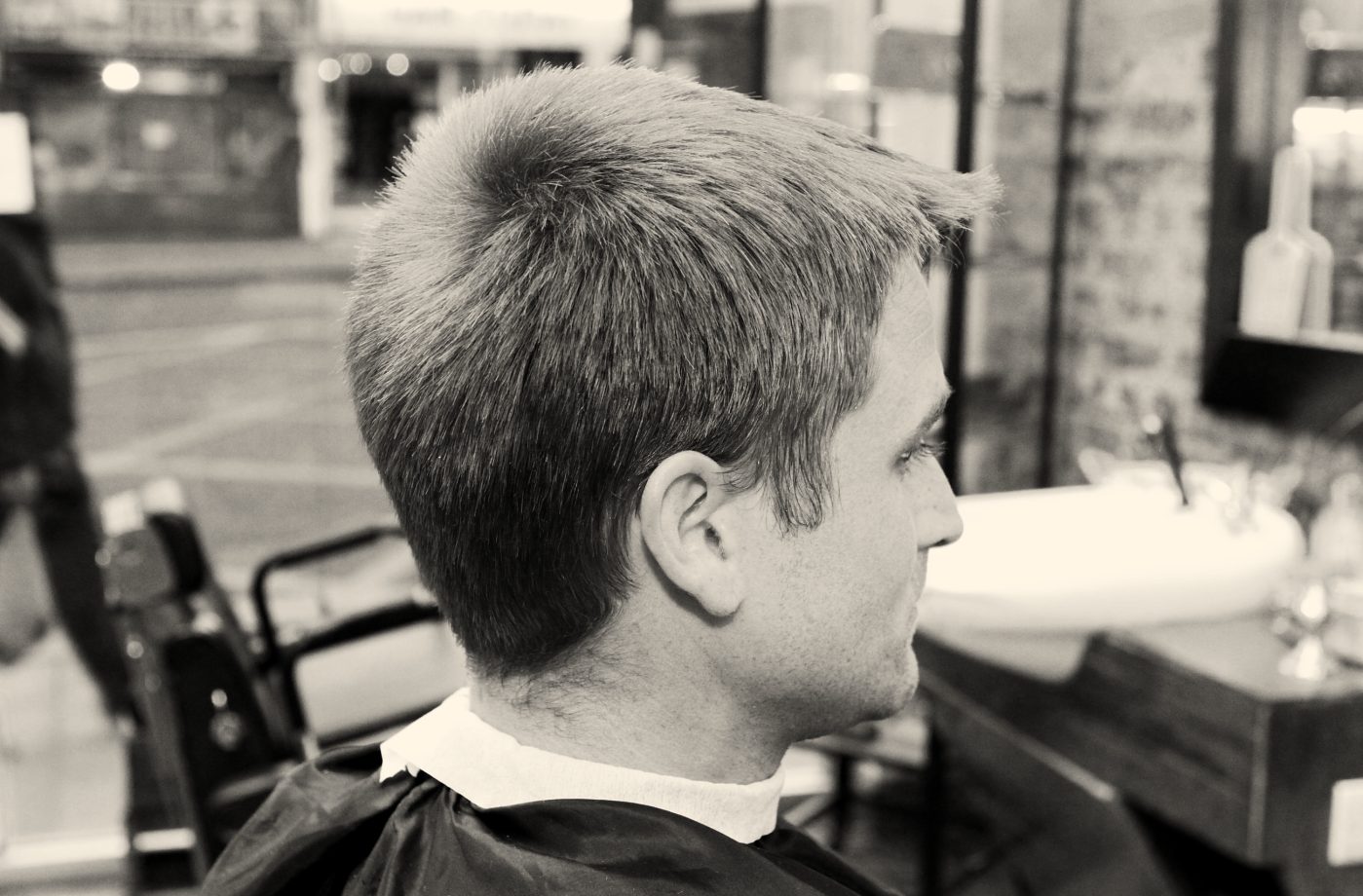 A finished gent's haircut, in profile