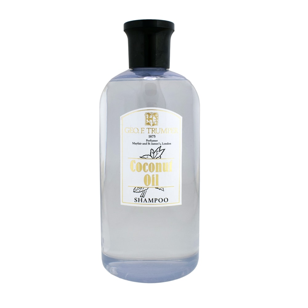 A bottle of Geo. F. Trumper Coconut Oil shampoo